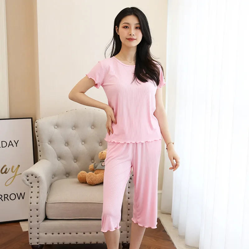 

Summer Women Modal Homewear Female Pajamas Set Sleepwear 2Pcs Home Clothes For Women Breathable Lounge Wear T-shirt+Pants Suit