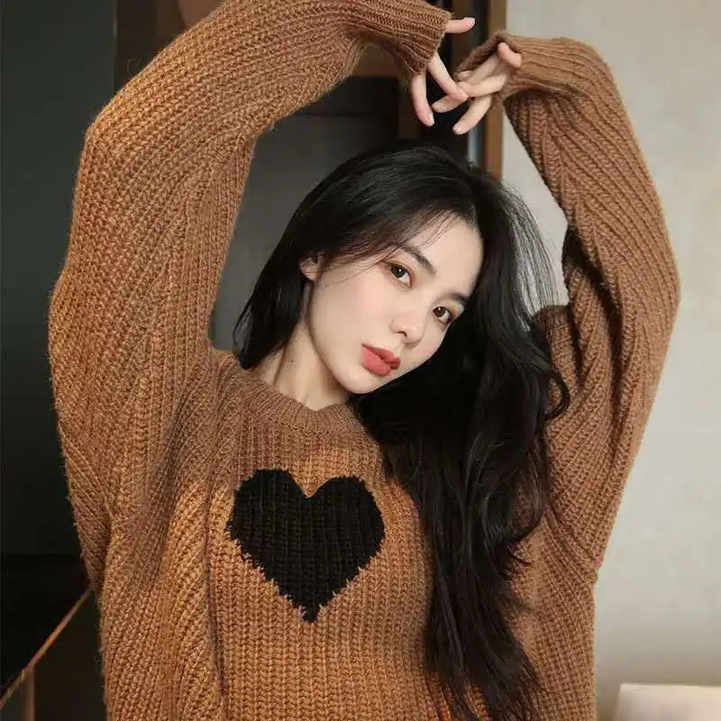 

Fashion Knitted Tops 2021 Fall Winter New Casual Outer Wear Lazy Love Pattern Loose Korean Sweater Women