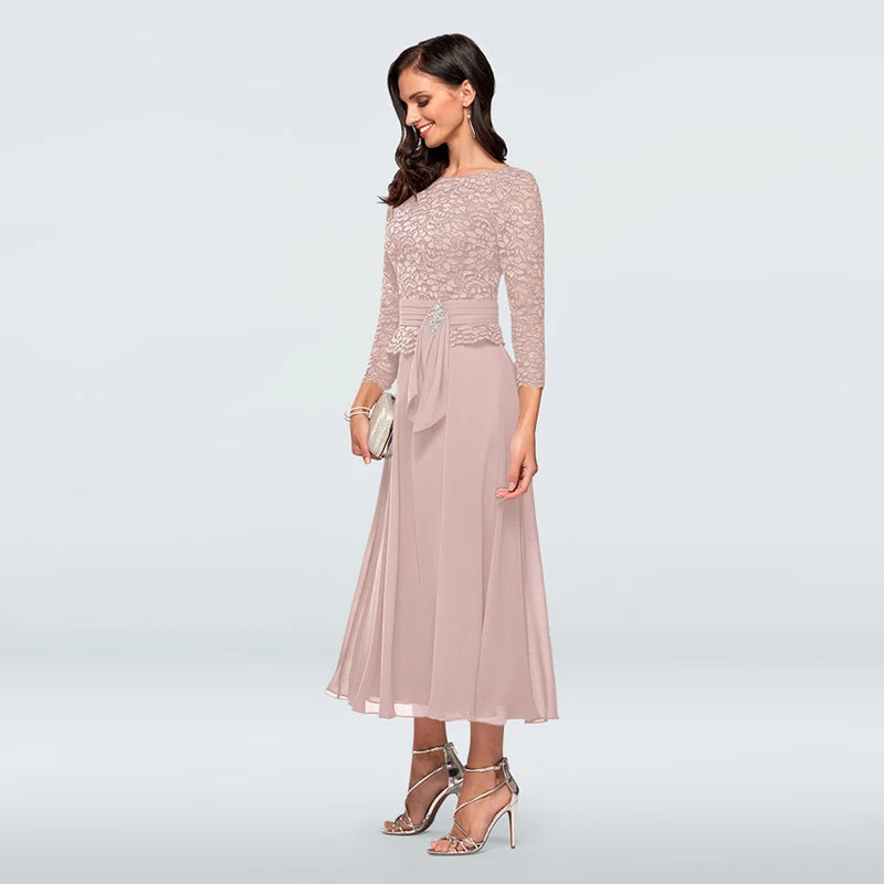 

Blush Mother Of The Bride Dresses A-line 3/4 Sleeves Tea Length Chiffon Lace Plus Size Short Groom Mother Dresses For Weddings