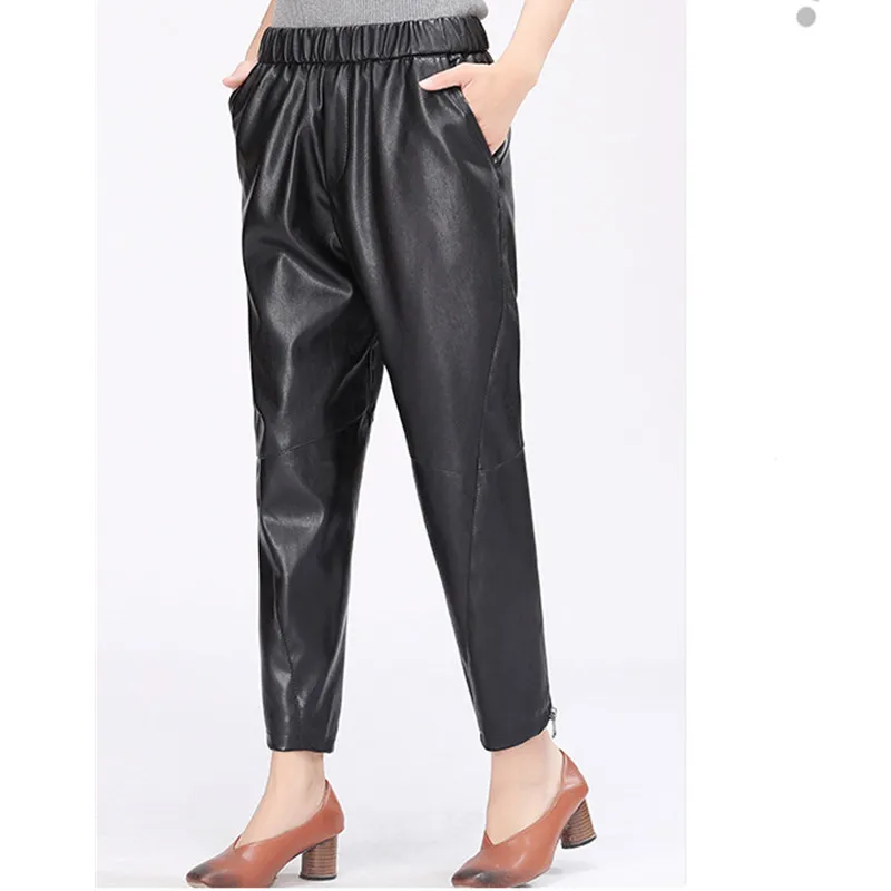

New 2021 Autumn Winter Black Faux Leather Women Pants Elastic Waist Female PU Harem Pants Streetwear Trousers