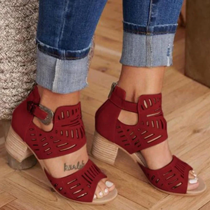 

Womens High-heeled Sandals Thick-heeled High-heeled Fish Mouth Shoes Carved Vamp Summer Womens Shoes Flock Shoes