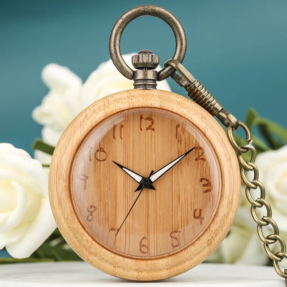 Карманные часы из натурального бамбука светящаяся указка резной циферблат