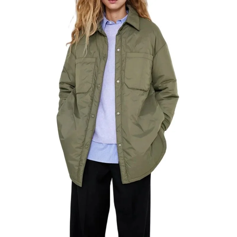 

Winter Fashion New Arrival Turn Down Collar Long Sleeve Shirt Coats Black Green Women Parkas With Pockets Mujer Solid Jackets