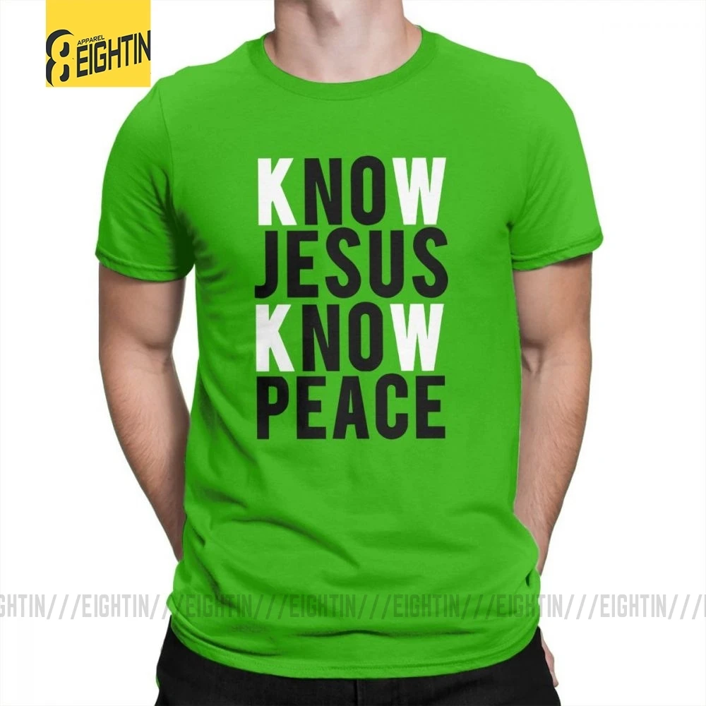 Футболки с надписью «Know Jesus Know Peace Christian», Мужская мягкая футболка с круглым вырезом, хлопок, брендовая футболка с коротким рукавом размера плюс, специальное предложение - Цвет: Зеленый