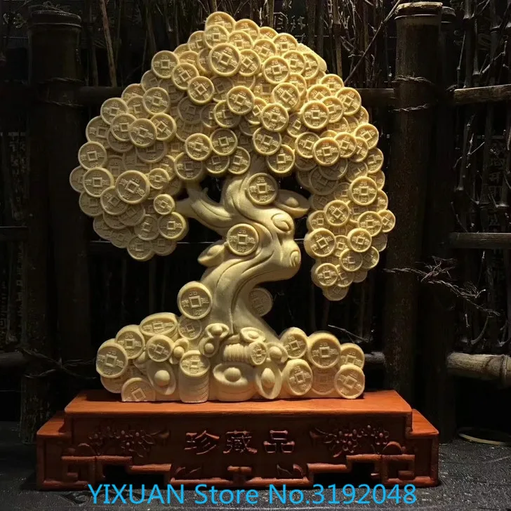 

Boxwood carving money making tree Zhaocai living room opening shop decoration home town house Feng Shui small ornaments