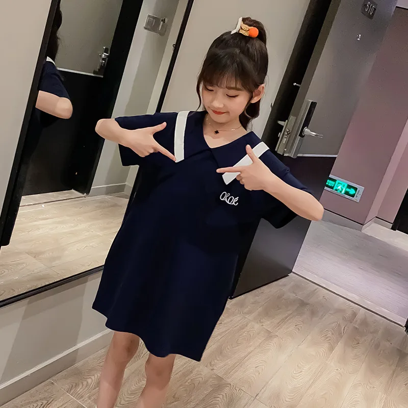

2022 Summer New Kids and Teen Girls College Style Cotton Casual Dress Baby Girls Letter Brief Dresses V-neck Sport Dress, #8736