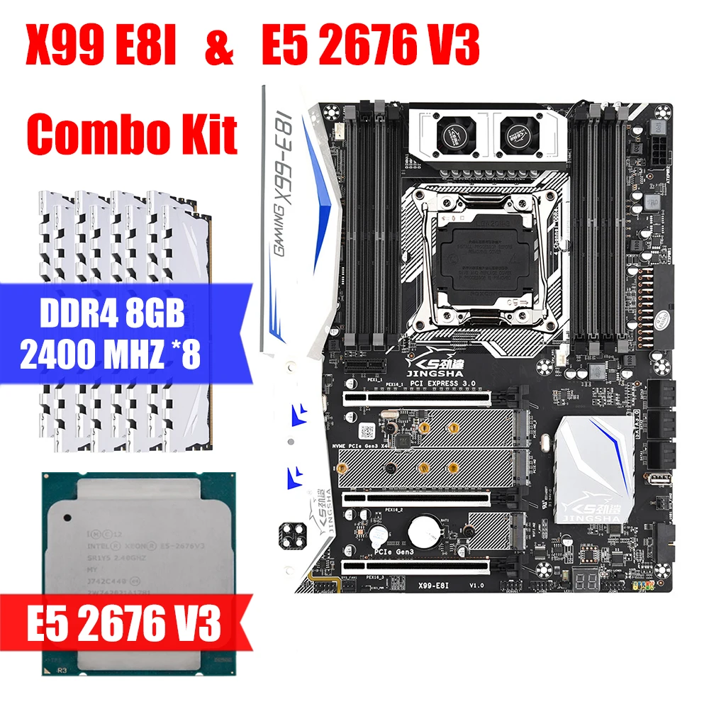 

X99 E8I & E5 2676 v3 & DDR4 8GB 2400MHZ *8 Combination Kit Motherboard Support Intel XEON E5 LGA2011-3 M.2 NVME USB3.0