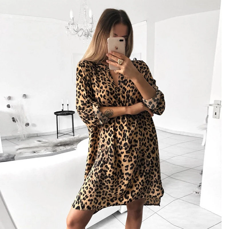 FLOYLYN женское леопардовое платье футболка элегантное с длинным рукавом вечерние