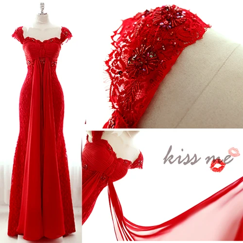 

Женское длинное вечернее платье, Красное Кружевное платье для выпусквечерние вечера с рукавами-крылышками и бисером, официальное платье, п...