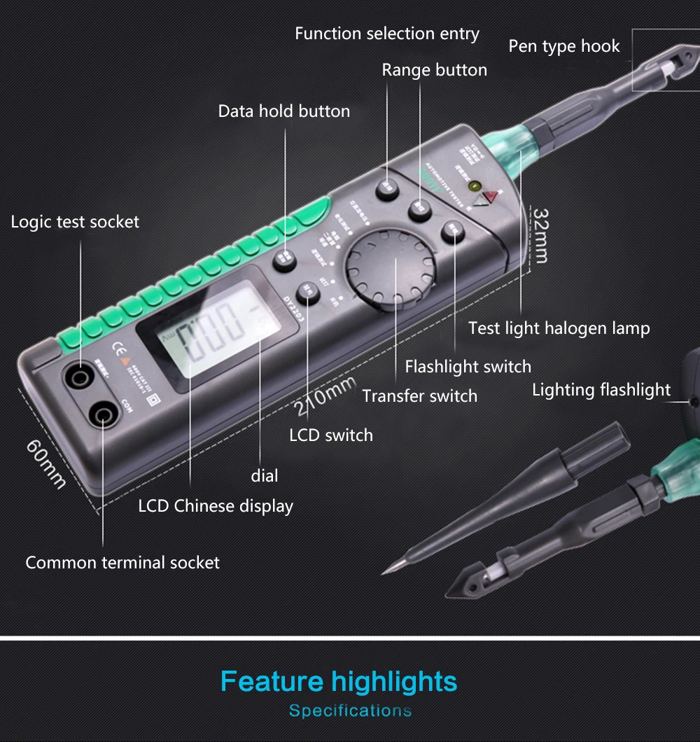 Mr Cartool DY2203 Автомобильный многофункциональный тестер цепи автомобиля цифровой