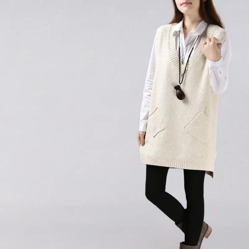 

2021 Women Sweater Spring Autumn New Korean Women's V-neck Knit Long A-shaped Pocket Vest Pullover Sleeveless