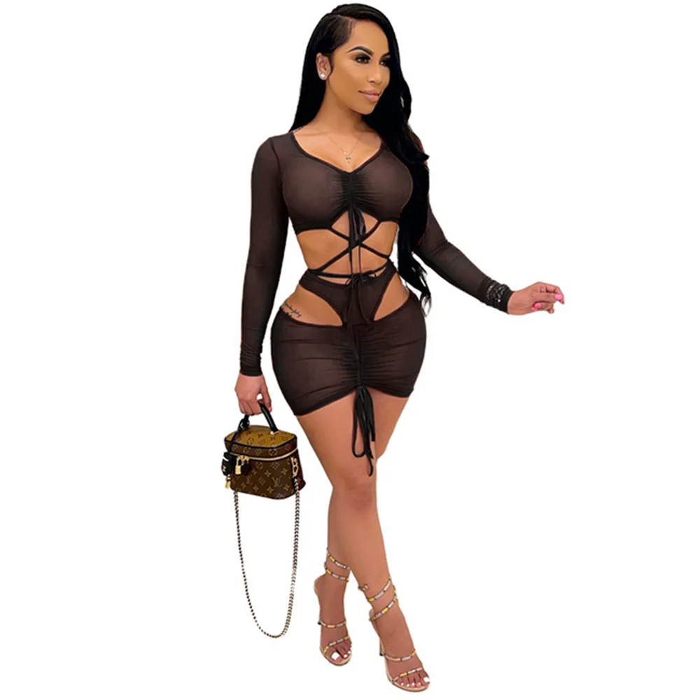 

RStylish 2021 Summer Beach Wear Cover Sheer Mesh Skirt 2 Piece Set Sexy See Through Bandage Crop Top Hollow Skirts Two Piece Set
