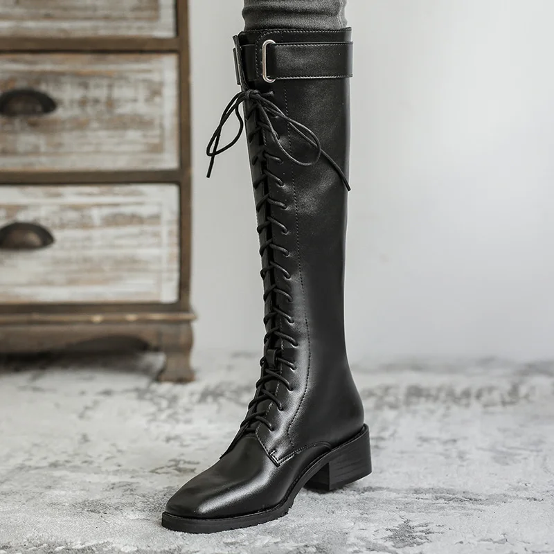

Front Bandage Knee High Boots Women Winter Warm Velvet Fur Winter Warm Shoes Black Thick Heel Tall Boots for Winter Riding Boot