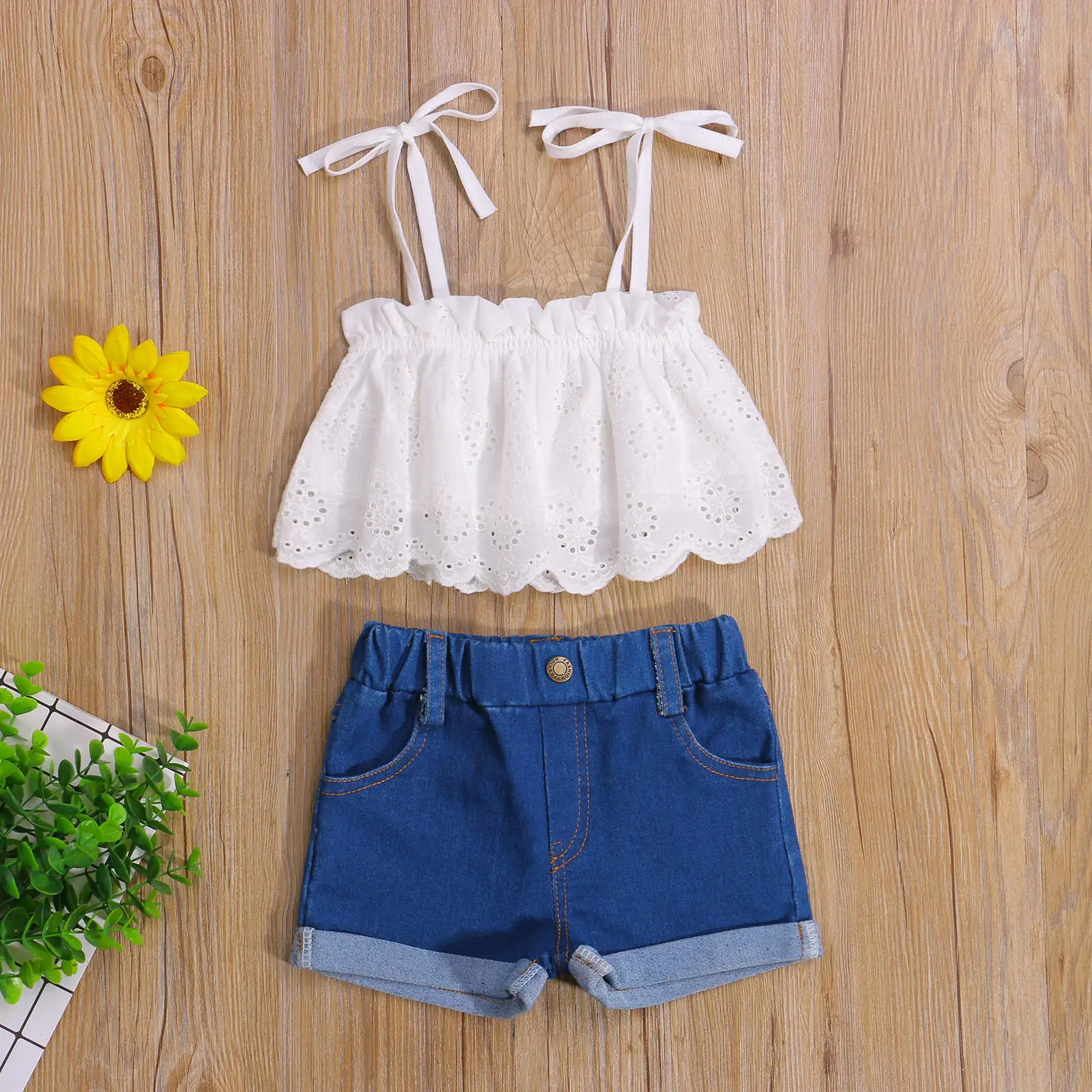 

2021 Summer Baby ClothesToddler Girls 2Pcs Summer Outfits, Sleeveless Tie Strap Lace Tops + Denim Shorts Set