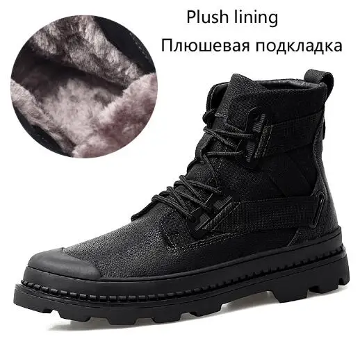 black Plush lining Мужские ботинки из натуральной кожи высококачественные теплые мужские зимние ботинки ручной работы зимняя обувь для мужчин, большие размеры 38-45, черного цвета - Цвет: black Plush lining