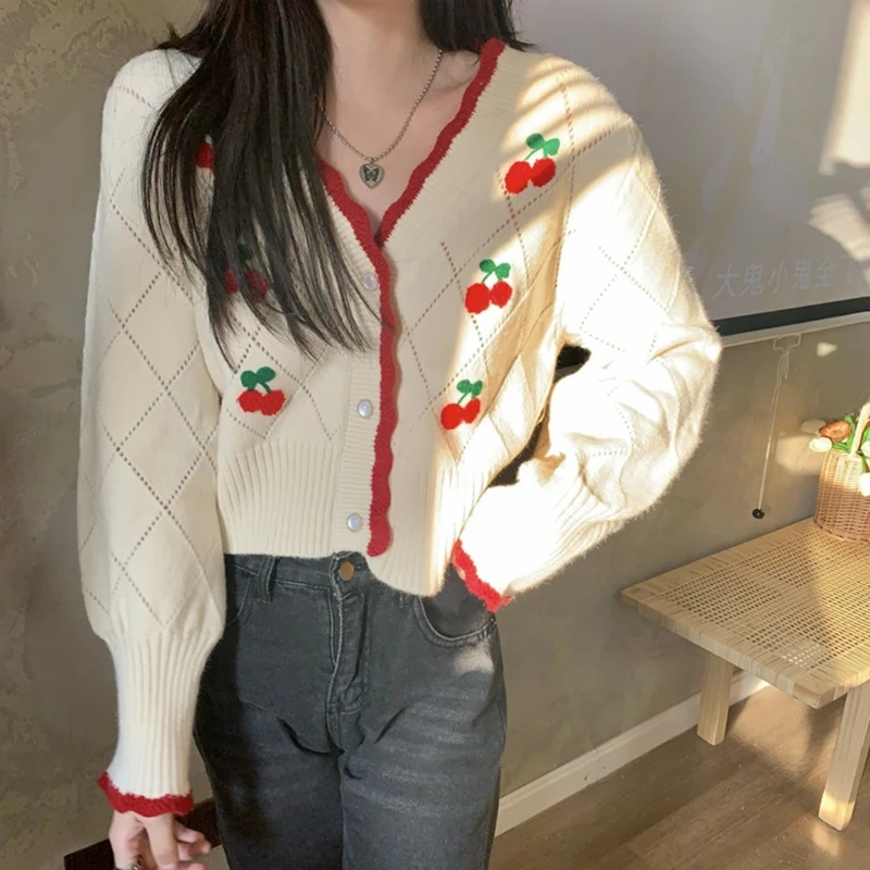 

Embroidered Cardigans Knit Wear Sweet Puff Sleeve Short Mujer Chaqueta Autum Winter V Neck Cherry Sweaters Women