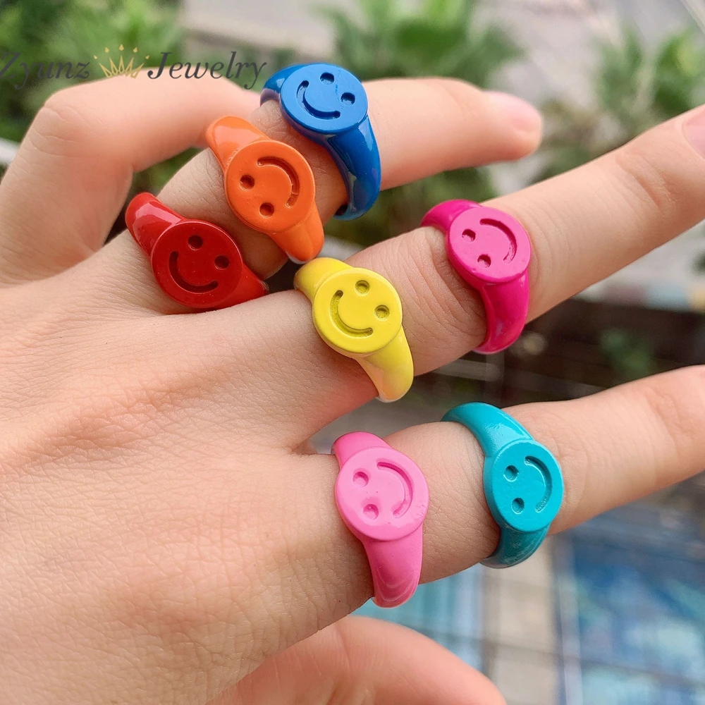 

10PCS, Enamel Color Smiley Face Open Rings For Women Happy Metal Ring Party Adjustable Punk Jewelry