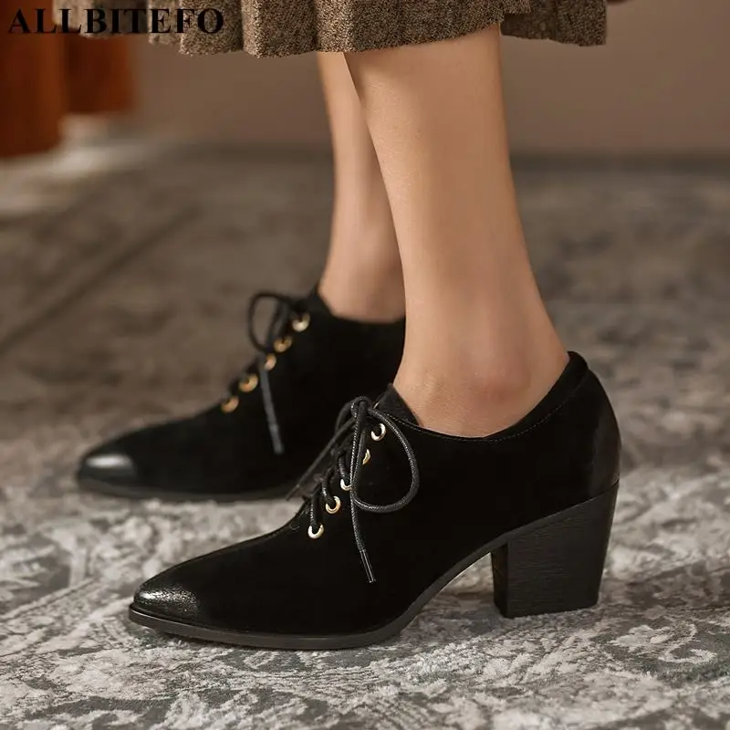 

ALLBITEFO suede sheepskin genuine leather women heels shoes cross tied spring fashion casual high heel shoes women's high heels