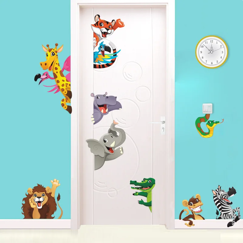 

Настенные Стикеры с изображением животных в джунглях для детской комнаты, домашний декор для двери, мультяшный льв, слон, жирафе, настенные наклейки из ПВХ, художественные Плакаты для творчества