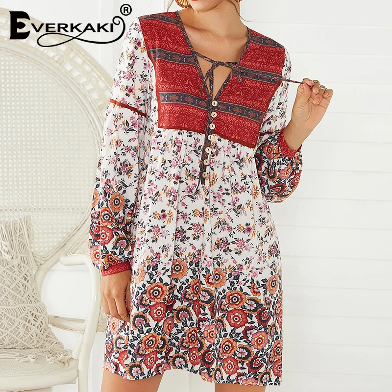 Женское мини платье с принтом Everkaki свободное винтажное короткое v образным