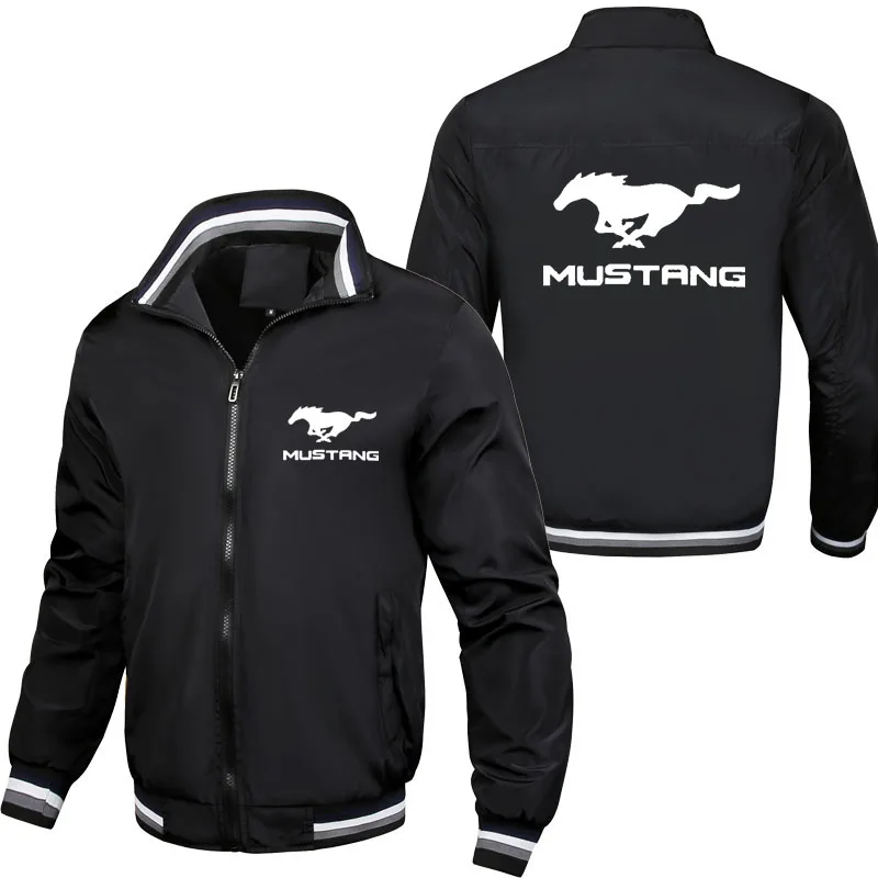 New casual sports men's zipper jacket coat top Mustang car logo print High quality striped stand collar jacket mens clothing