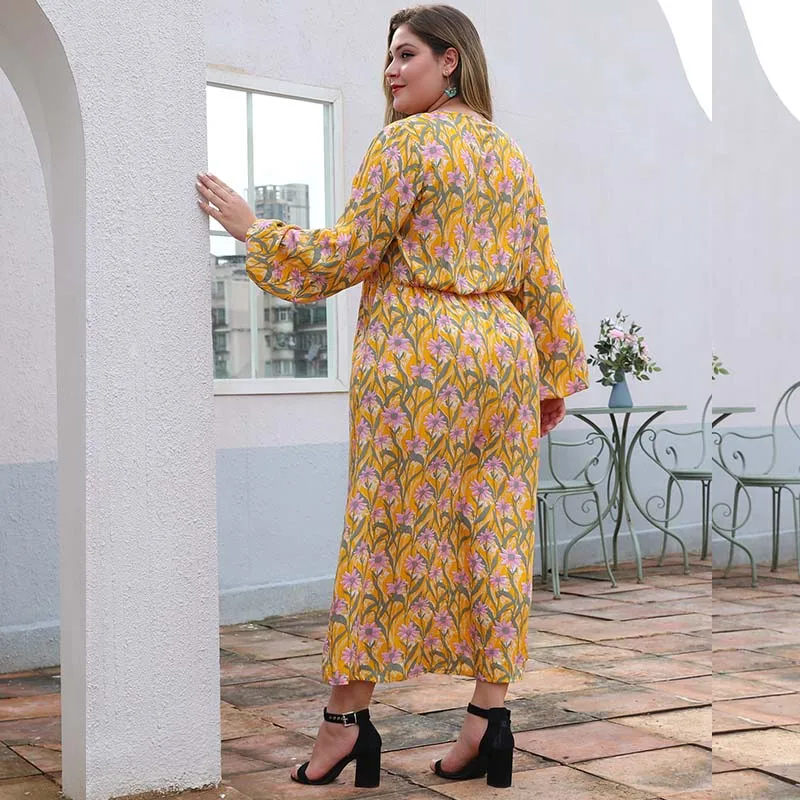 WHZHM/осеннее платье с цветочным принтом и разрезом большие размеры 3XL 4XL длинные