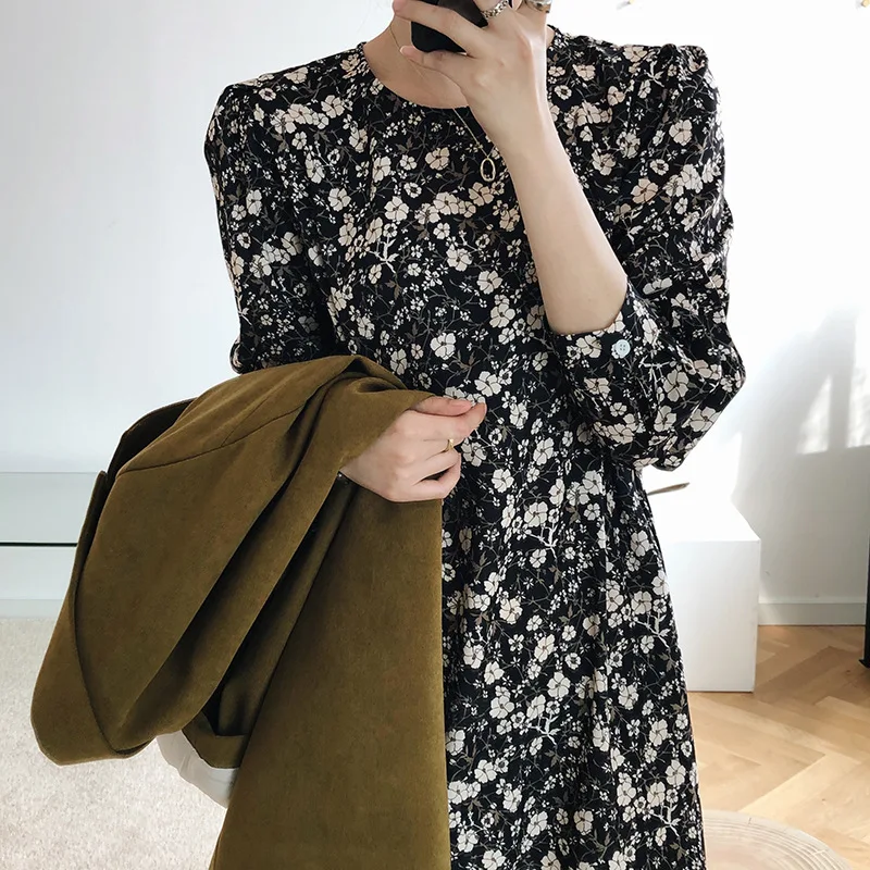 

2020 Summer New Arrive Women Print Dress Casual Loose Full Regular Sleeve Mid-length O-neck Slim Chiffon Korean Bottoms