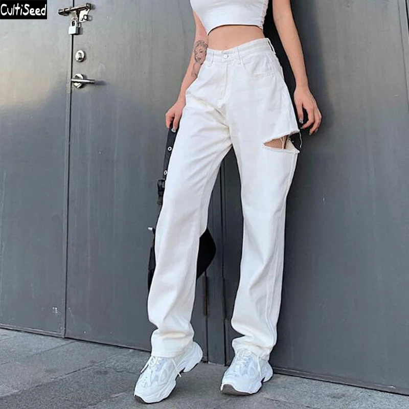 

Cultiseed Women Sexy Side Ripped Hole Denim Jeans Pants Trousers Female New White Straight Pant Ladies Casual Long Pant Trousers