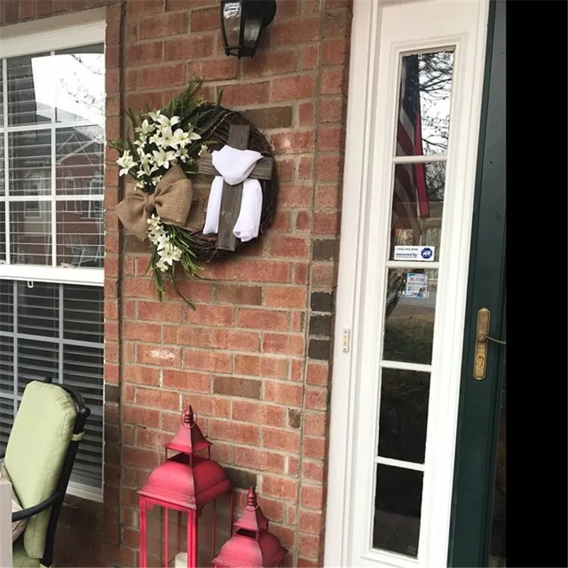 

New Easter Wreath With Cross Burlap Bow Rustic Wreath Spring Decorating DIY Easter Front Door Wreath Decoration Hot Selling