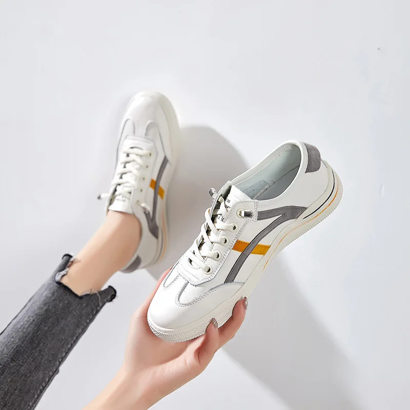 

New Genuine Leather Women Shoes 2021 Spring Korean Breathable White Shoes Leather Woman Board Shoes Fashion White Leisure Shoes