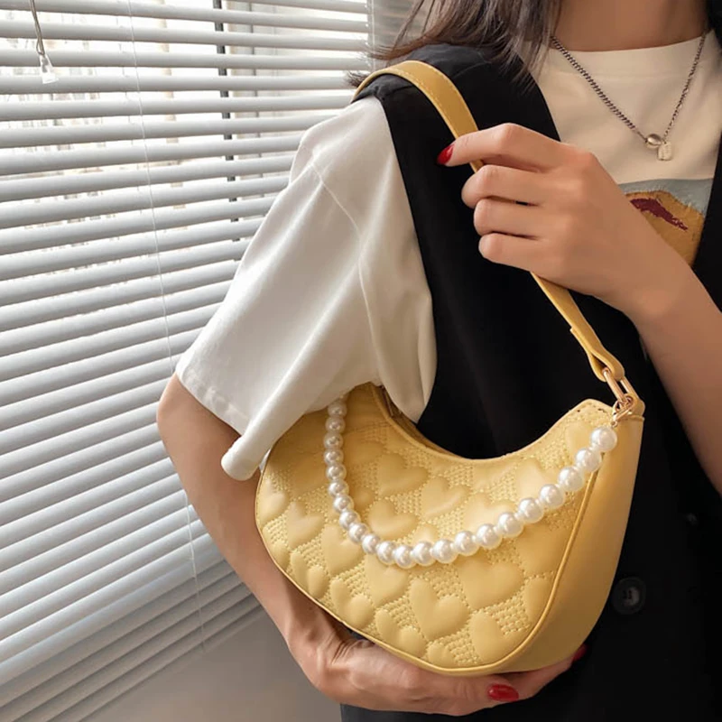 

Beaded Pearl Chain Mini PU Leather Handbags for Women 2021 Ladies Fashion Simple Shoulder Armpit Crossbody Bags Luxury Brand