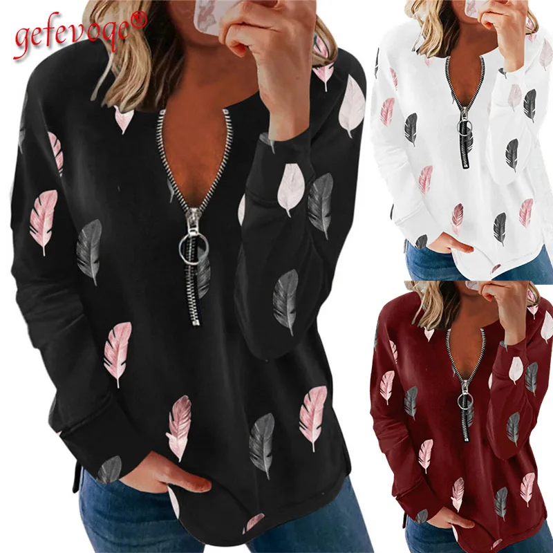 

Fashion Casual Zipper Long Sleeve Hoodies Female Pullover Sweatshirts 2021 New Autumn Clothes Feather Gradient Print Tops Women