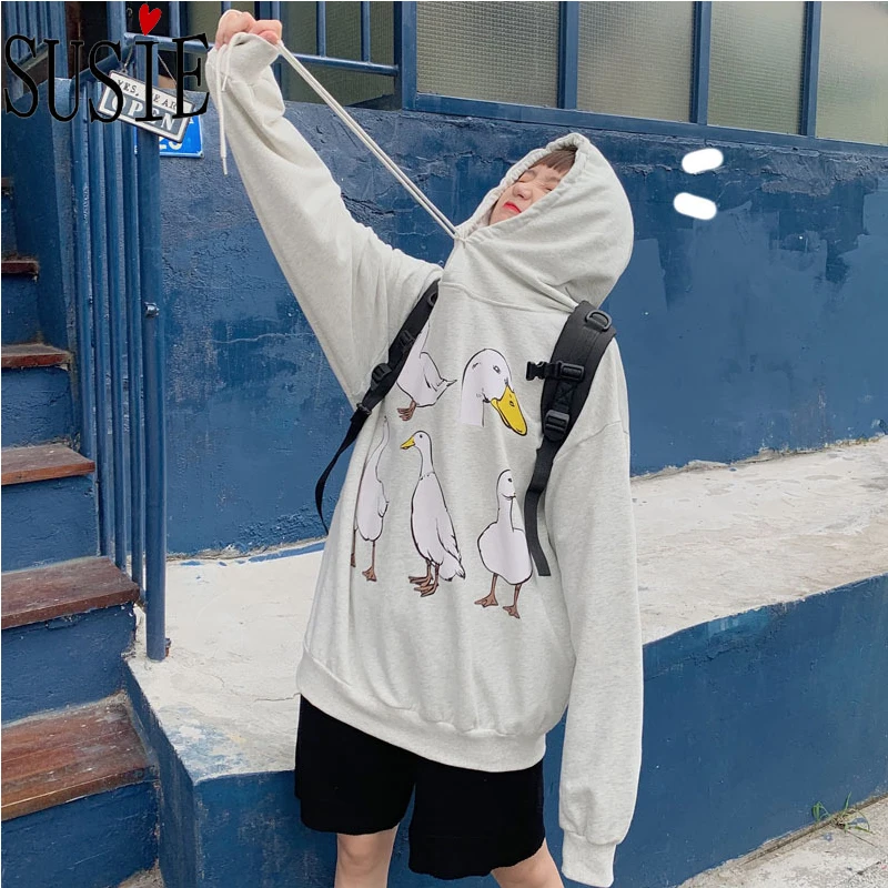 Новинка 2019 Женская толстовка с капюшоном милым принтом утки и Финни модная