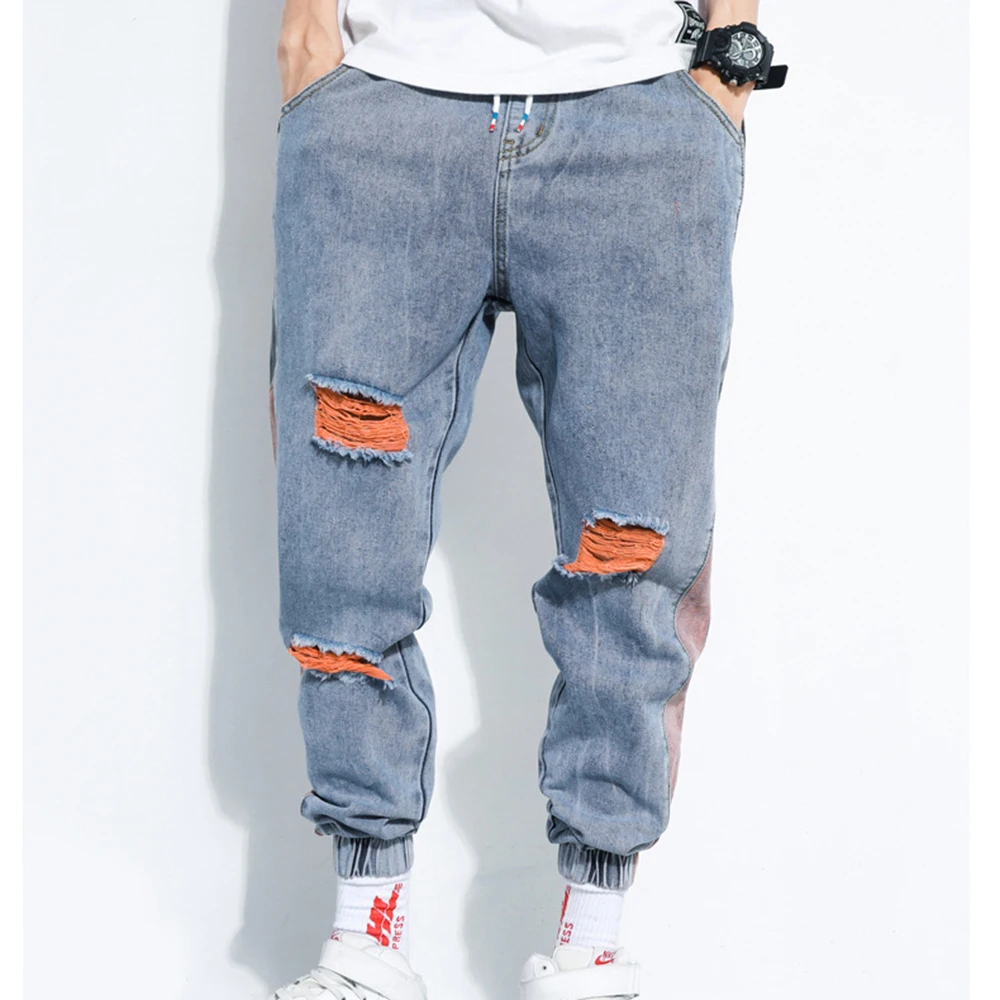 

Men's Fashion Washed Contrast Casual Jean Pants Shattered Jeans Men Streetwear Loose Hip Hop Trousers Pants Mens M-5XL MKN005