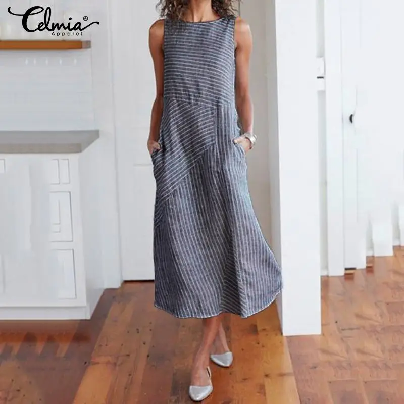 2021 Celmia женское летнее без рукавов платье Полосатое праздничное повседневное