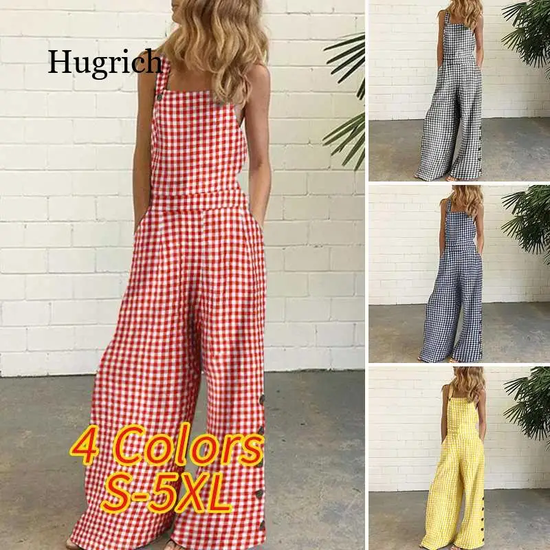 

Women Jumpsuits Loose Wide Leg Full Length Women Sexy Sleeveless Vintage Checked Plaid Suspenders Playsuits Casual Overall