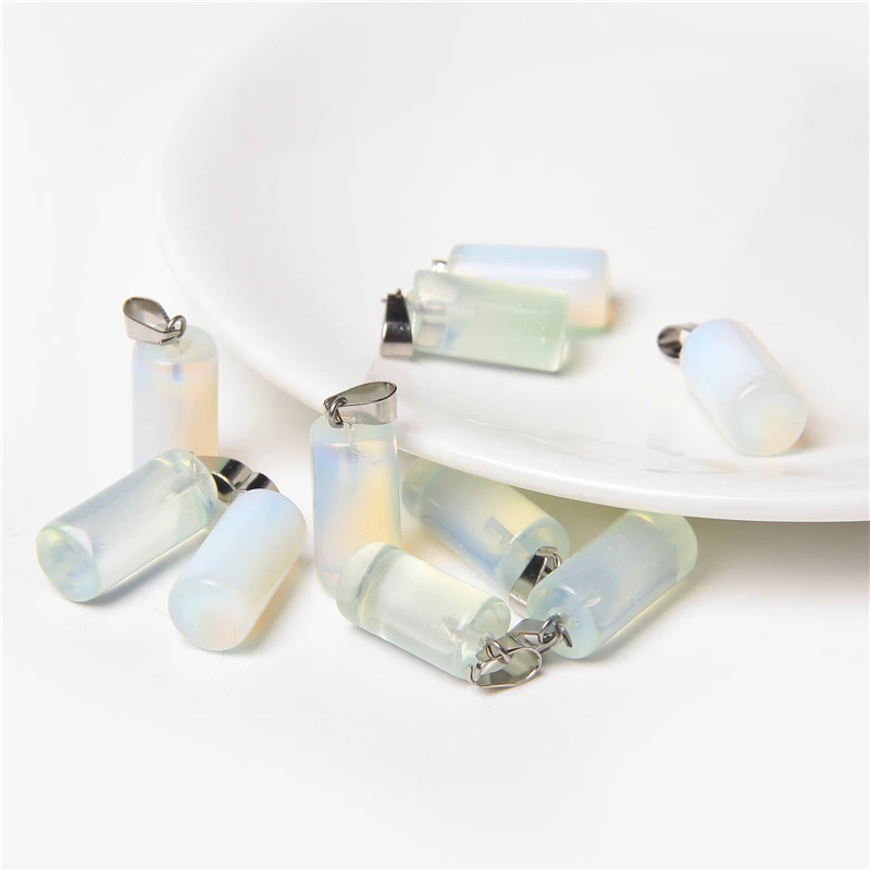

Trendy 30pcs/lot Natural Stone Pendant Opalite Crystal Healing Stone Cylinder Shape Pendants Necklace Fashion For Lovers' Gift