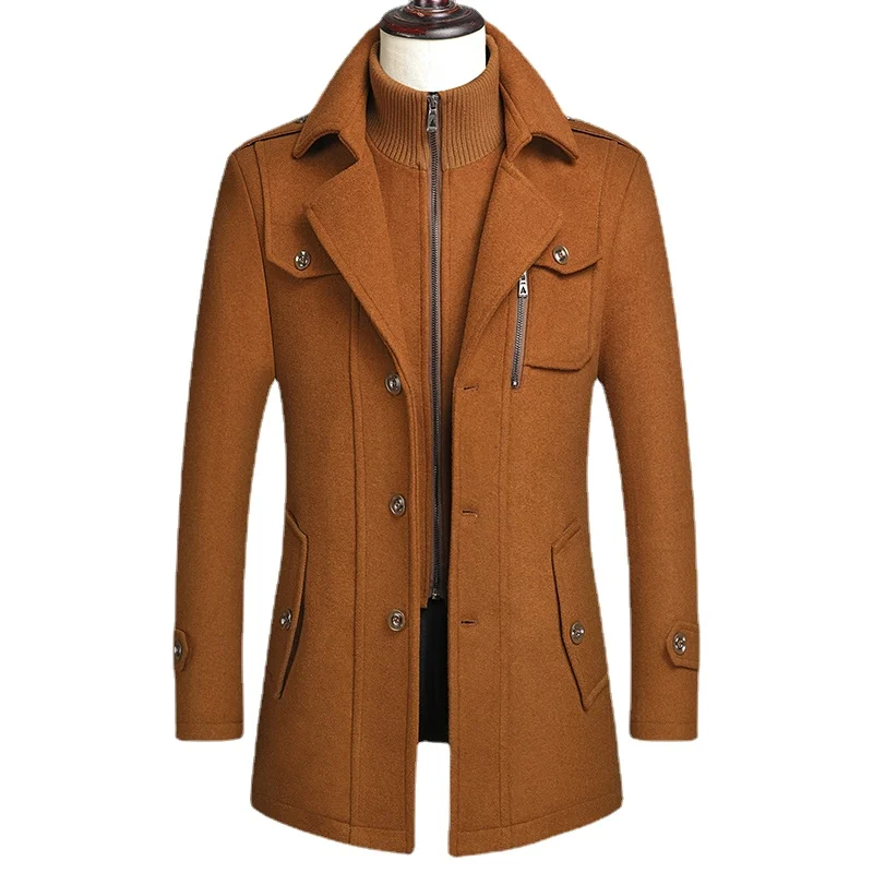 New Men's Autumn And Winter Coat Men's Medium And Long Woolen jacket Men's Mock Neck Slim Plus Cotton Thickened Coat S-4XL