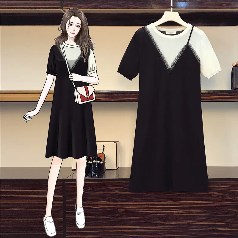

4XL Plus Size Women Ice Silk Knitted Dress Summer 2021 Fashion Lace Patchwork Fake Two Piece Short Sleeve Loose Casual Dresses