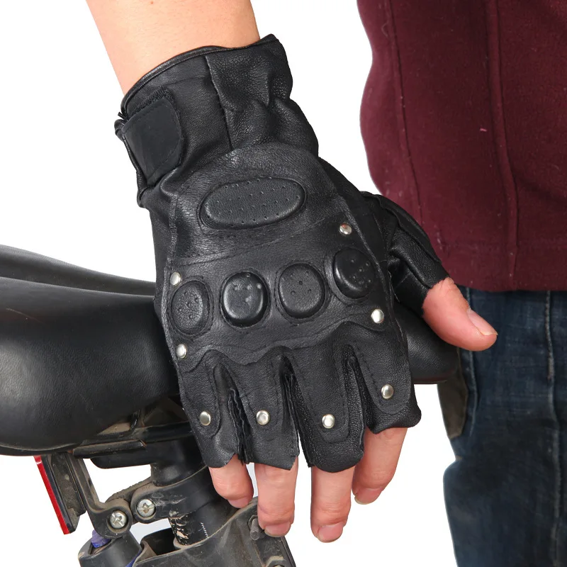 

Rivet Punk Black Genuine Leather Gloves Fingerless Mittens Fitness Thunderbolt Cycling Gloves Women Men's Outdoor Riding Gloves