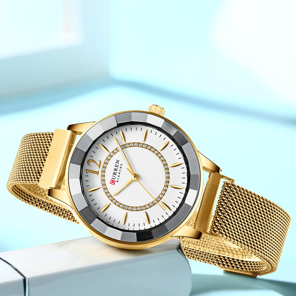 

New Rhinestone Design Women Watches Quartz Analog Clock CURREN Top Fashion Blue Wristwatch Ladies Band Luxury Montre Femme 9066