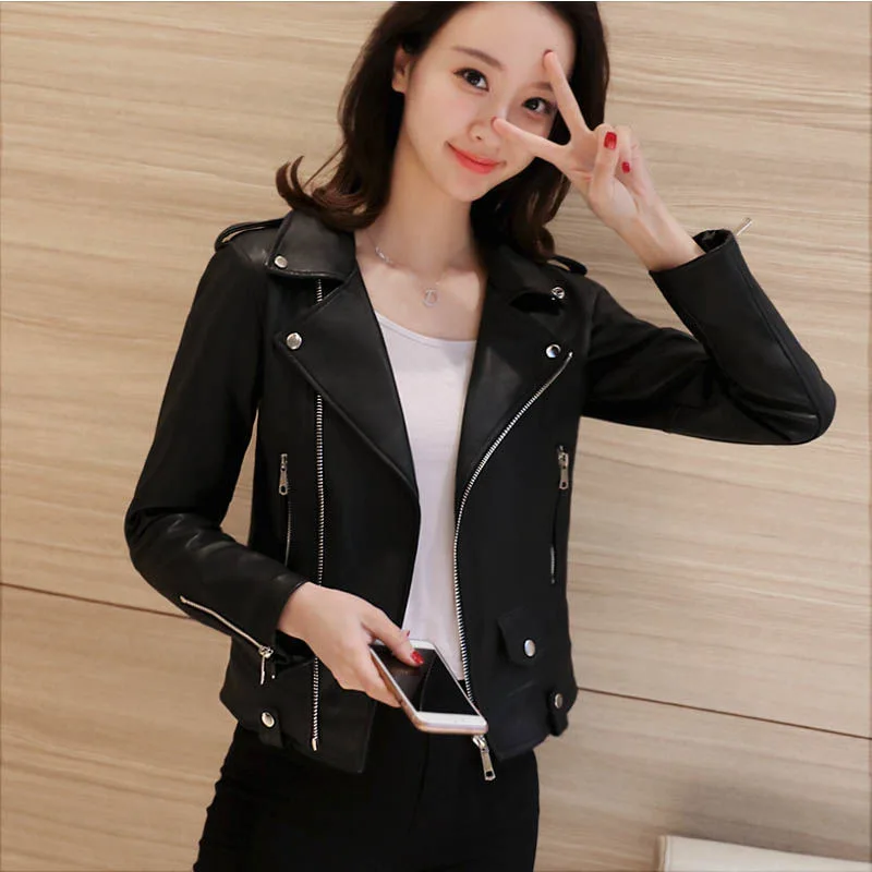 

GOOHOJIO 2020 New Autumn Women Pu Leather Jacket Woman Zipper Short Coat Female Black Punk Bomber Faux Leather Outwear for women