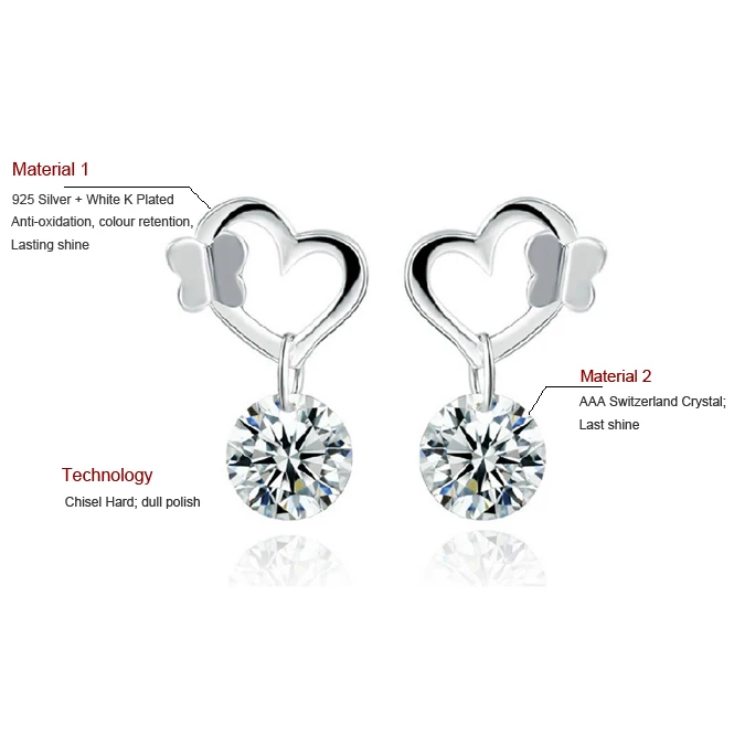 Серьги гвоздики из серебра 925 пробы с фианитами в форме сердца|Серьги-гвоздики| |
