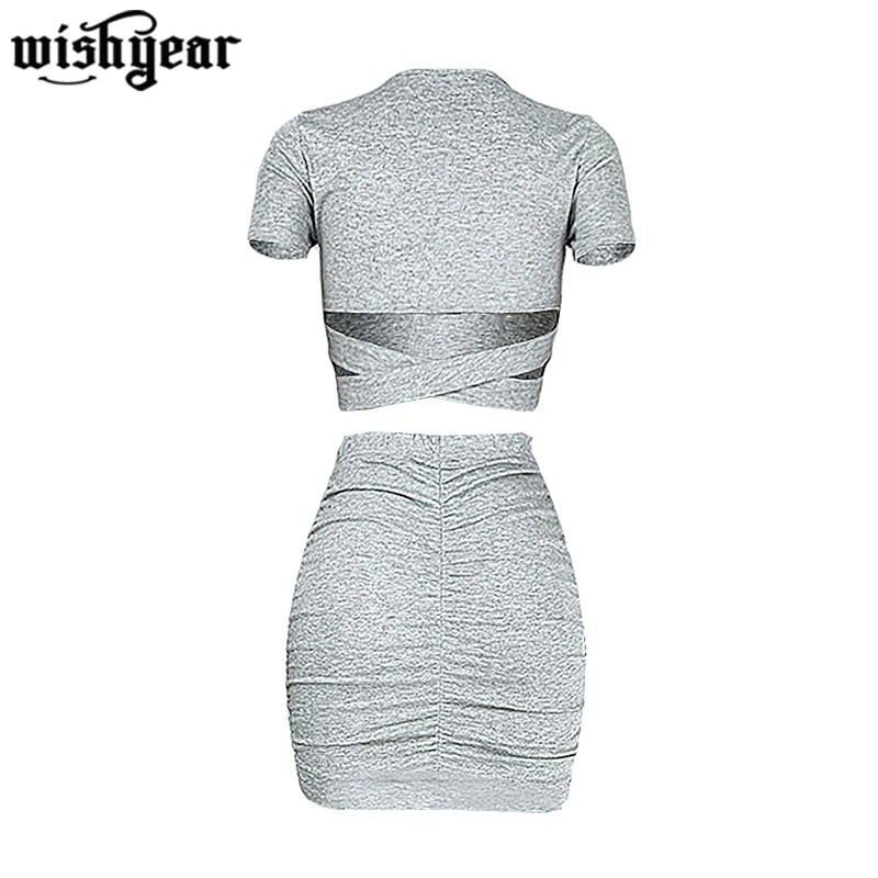 

Women Solid Color Skirt Suit Short Sleeve Back Lace Up Crop Top+ Pleated Mini Skirt Matching Set High Street Two Pieces Set