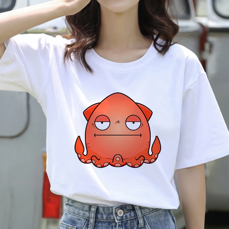 

2021 Round Neck Summer Harajuku Print Big Size Casual Funny octopus Cartoon Women Short-sleeved Tops Tees Letters Fun T-shirt