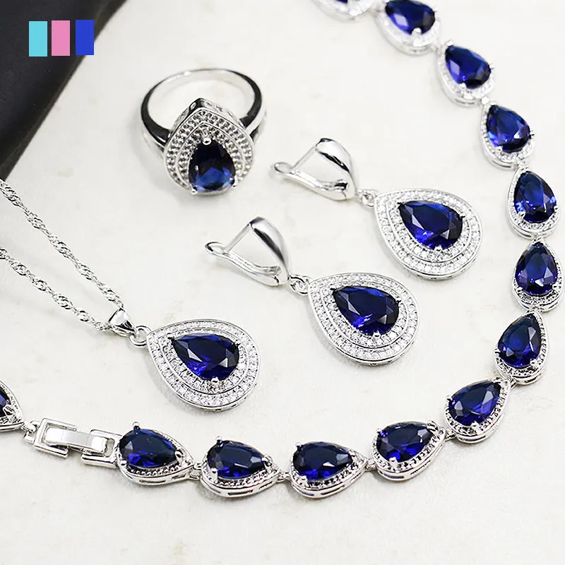 Blue Sapphire Water Drop Bracelets 925 Sterling Silver Jewelry Sets For Women