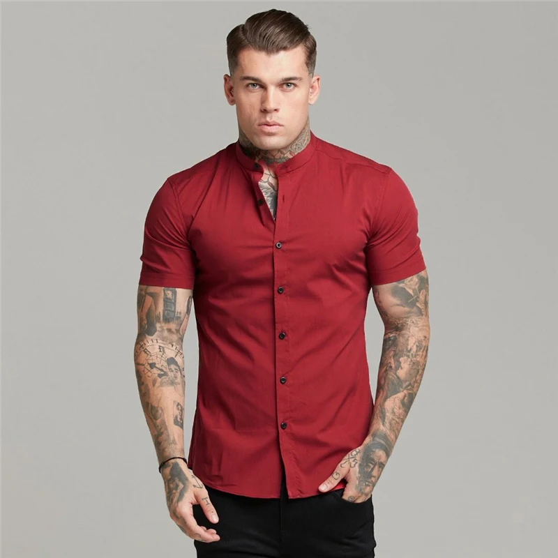 

New Arrivals Summer Man Short Sleeve Shirt Solid Fitness Mens Stand Collar Super Slim Fit Business Dress Shirt Button Gym Tops