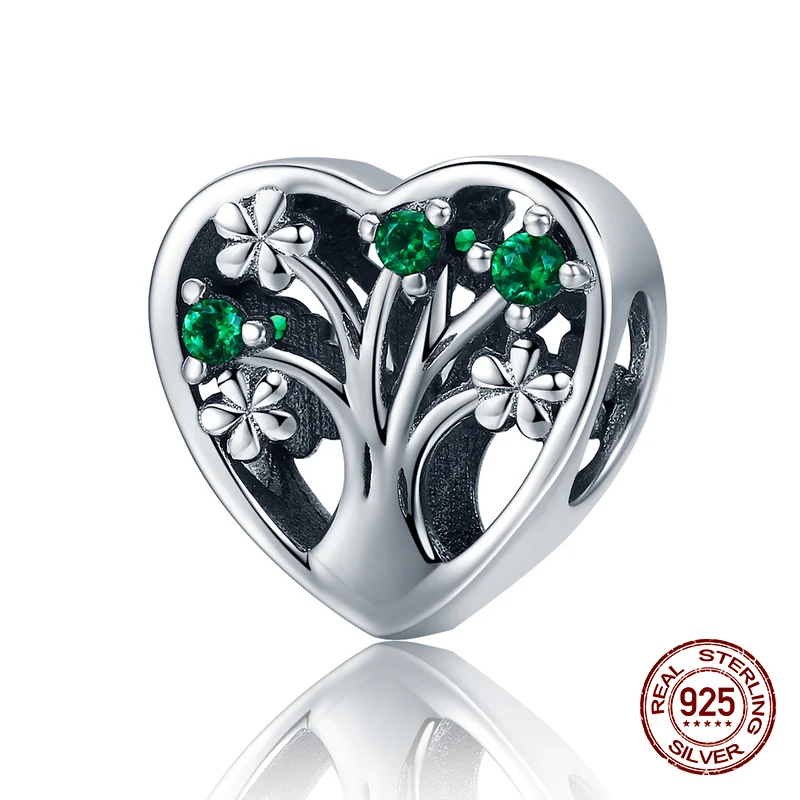 Подлинное серебро 925 пробы серебряное дерево жизни в форме сердца шарм подходит