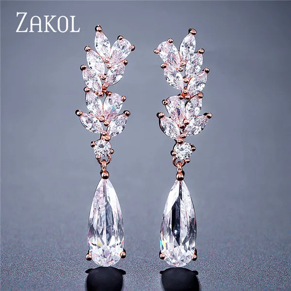 Rose Gold Color L ZAKOL белый цвет в форме цветка Циркон капли воды Кристалл кулон Висячие серьги для женщин Свадебные украшения FSEP50L - Окраска металла: Rose Gold Color L