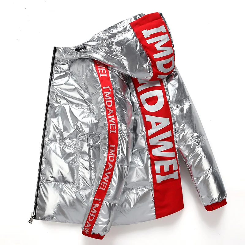 2021New Couple White Duck Down Jacket Short Letter Silver Shiny Men's And Women's Hooded Thick Loose Down Jacket Men's Clothes